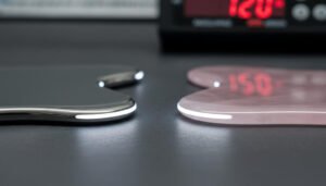 A close-up comparison of stainless steel and rose quartz Gua Sha tools. Perfectly polished.