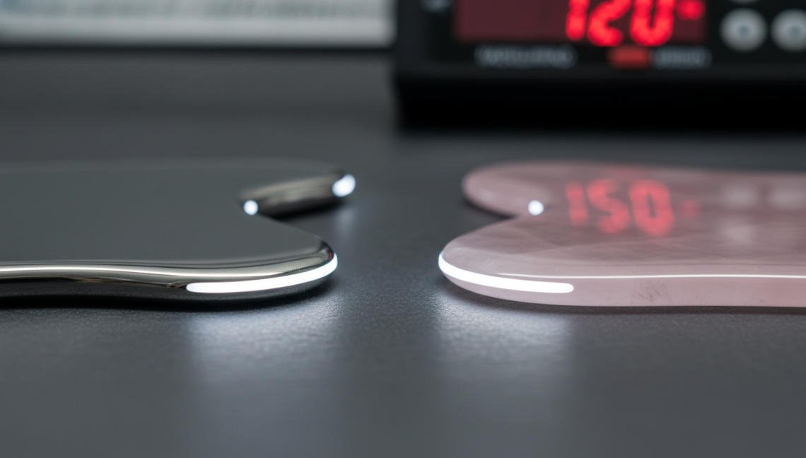 A close-up comparison of stainless steel and rose quartz Gua Sha tools. Perfectly polished.