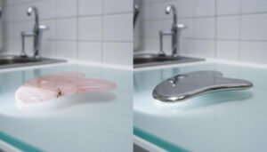 A comparison between Rose Quartz and Stainless Steel Gua Sha tools: the Rose Quartz tool is on the left, and the Stainless Steel tool is on the right.