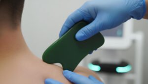 A scene depicting a Gua Sha session on the shoulders and neck, utilizing a jade scraping tool.