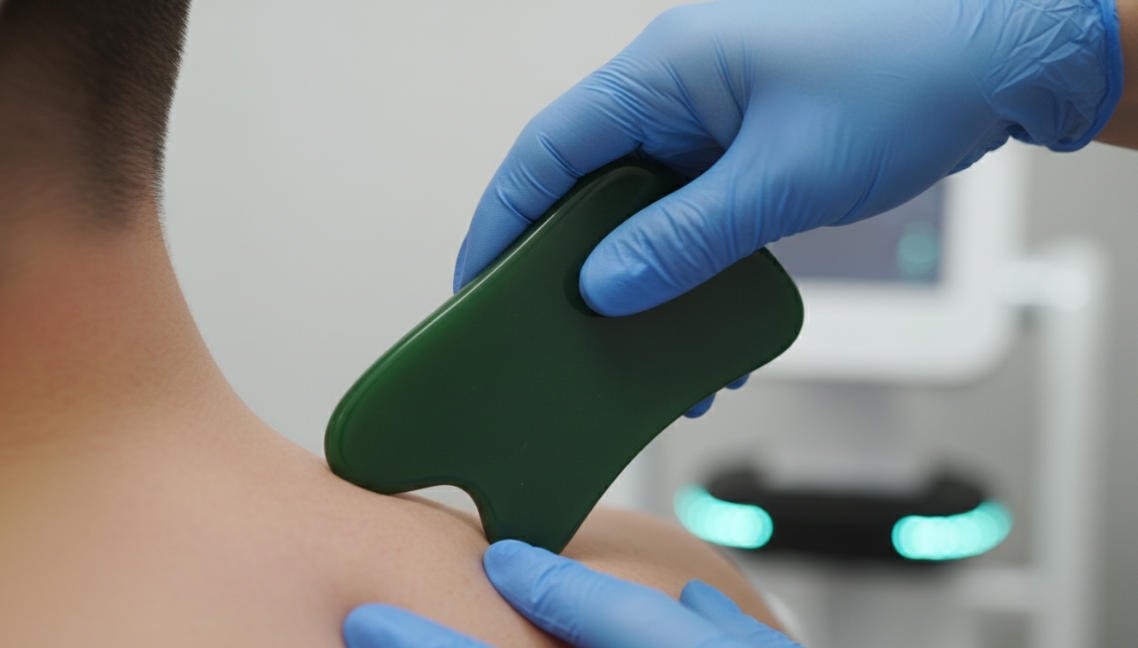 A scene depicting a Gua Sha session on the shoulders and neck, utilizing a jade scraping tool.