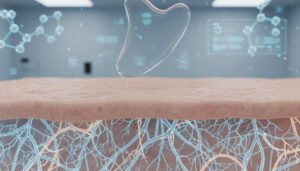 A Gua Sha tool is positioned against the skin; a cross-sectional view of the skin clearly reveals the subcutaneous structures.