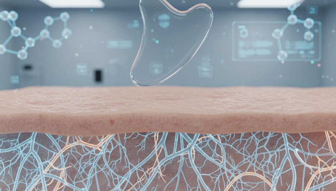 A Gua Sha tool is positioned against the skin; a cross-sectional view of the skin clearly reveals the subcutaneous structures.