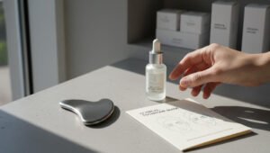An exquisite setting for a Gua Sha session. Bottles of essential oils and other beauty care tools are arranged on the table.