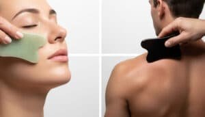 A comparison of usage scenarios: facial Gua Sha on the left side, and body Gua Sha on the right.