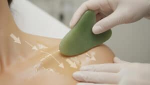 An illustrative scene depicting the practice of Gua Sha on the shoulders and neck after the application of Gua Sha oil.