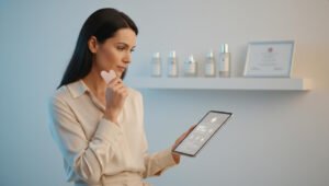 A young woman is performing Gua Sha while watching a tutorial on her tablet.