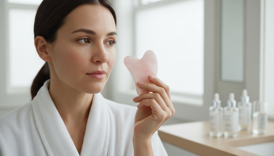 A woman holding a rose quartz Gua Sha tool wonders, "Can I Gua Sha ?"