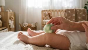 In the photo, a person's arm is holding a smooth Gua Sha tool against an infant's leg.