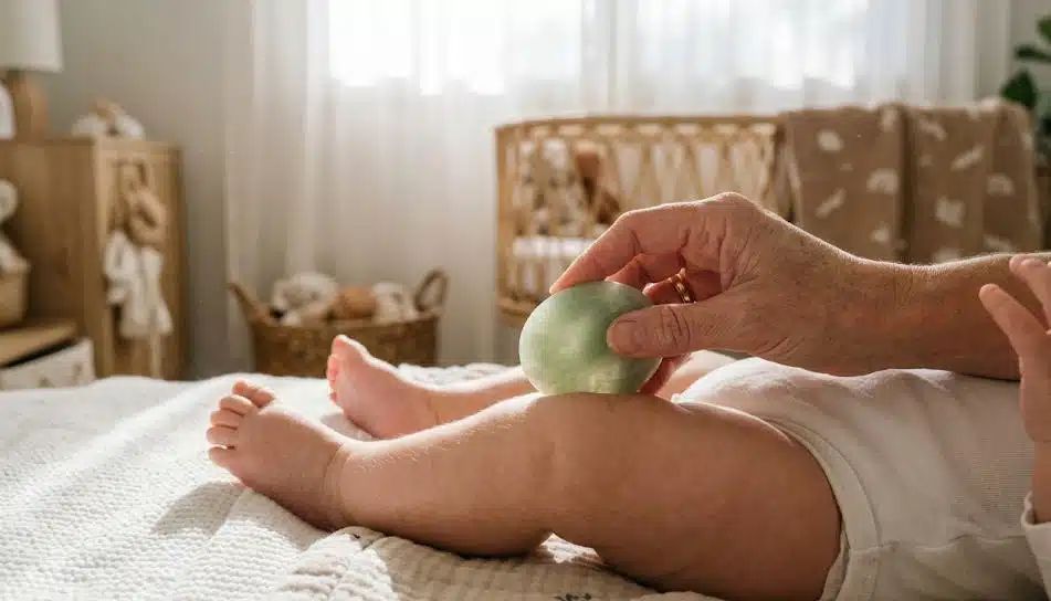 In the photo, a person's arm is holding a smooth Gua Sha tool against an infant's leg.
