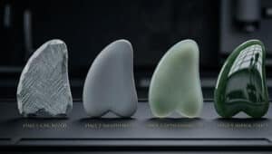 Illustrates the surface characteristics of jade Gua Sha tools at four different polishing stages.
