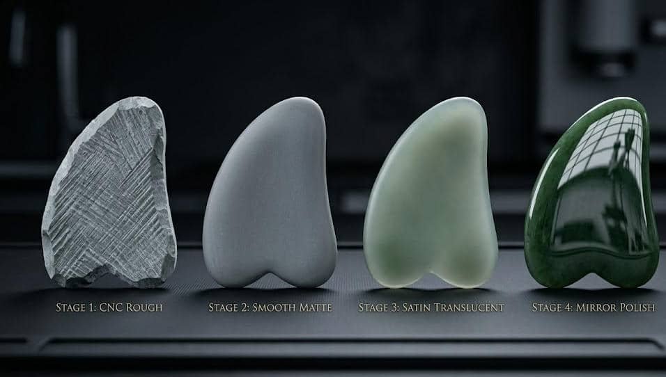 Illustrates the surface characteristics of jade Gua Sha tools at four different polishing stages.