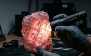 A Gua Sha manufacturer is examining the internal structure of a raw rose quartz stone using intense light.