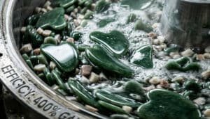 A close-up of jade Gua Sha tools inside a vibratory polishing tumbler.