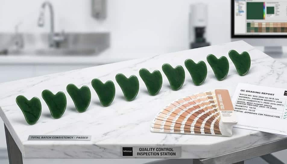 A row of uniformly sized green jade Gua Sha tools is neatly arranged on the tabletop.