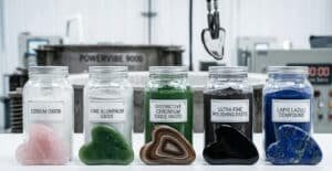 Displays the polishing pastes corresponding to five different raw materials used for Gua Sha tools.