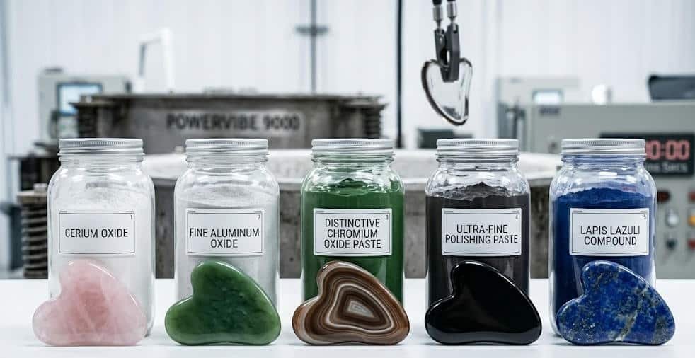 Displays the polishing pastes corresponding to five different raw materials used for Gua Sha tools.