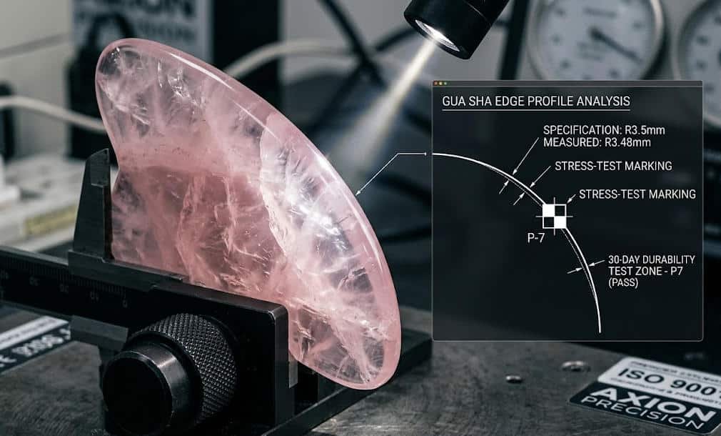 A rose quartz Gua Sha tool reveals distinct fracture lines under strong light.