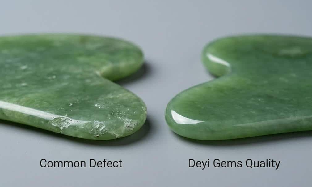 A comparison of the edges of two jade Gua Sha tools: the one on the left exhibits a distinct crack, while the one on the right is flawless.