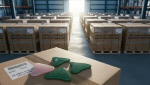The packaged Gua Sha tools are neatly arranged on pallets in the warehouse.
