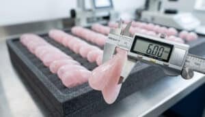 Using a vernier caliper to check the thickness of a piece of rose quartz gua sha revealed a thickness of 6 millimeters.