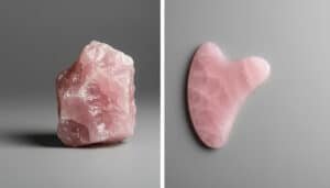 rose quartz raw material in left, rose quartz gua sha in right