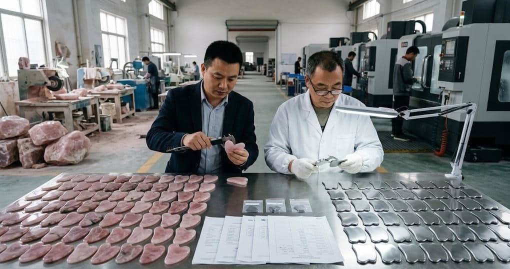rose quartz and stainless steel gua sha quality check