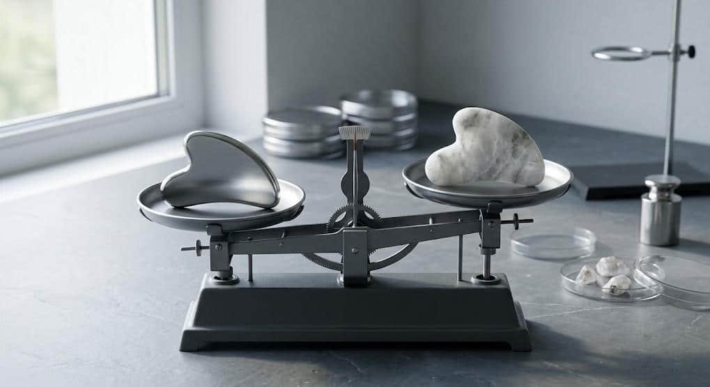 Density differences between stainless steel and stone Gua Sha tools.