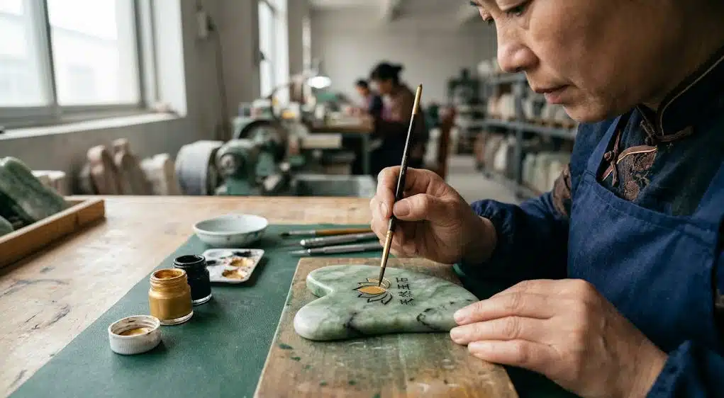 Applying lacquer to the Gua Sha logo